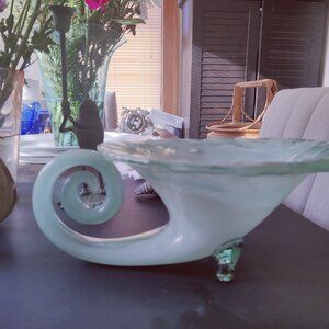 Glass Art,  Horn of Plenty,  in Green & White Slag. Handblown 12" x 9"